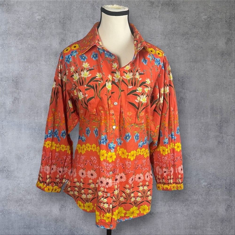 Cara‎ Cara Floral Blouse Womens M Pearl Snap Puff Sleeve 100% Cotton Cottagecore